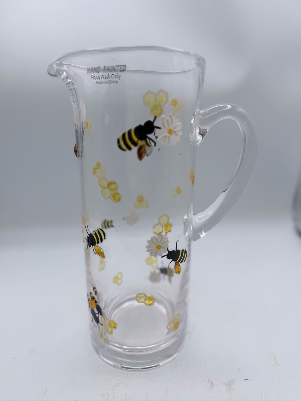 Clear Glass Bee Pitcher with Yellow Floral Accents